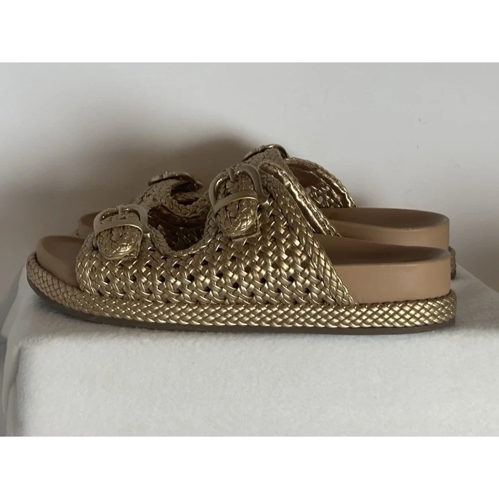 Sam Edelman Reid Woven Double Buckle Platform Sandals Gold Women's Size 9.5